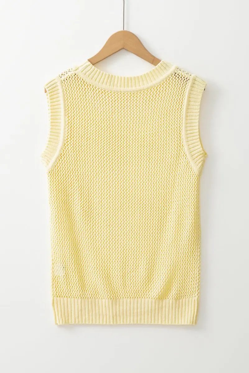 Yellow Solid Color Hollowed Knit Round Neck Sweater Vest - Love Salve